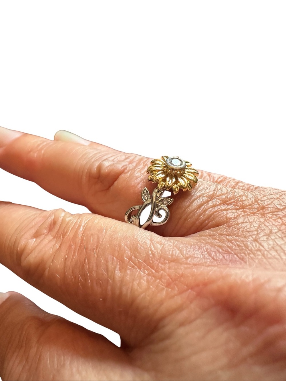 Mixed Metal Silver and Gold Flower Ring - Picture 3 of 7